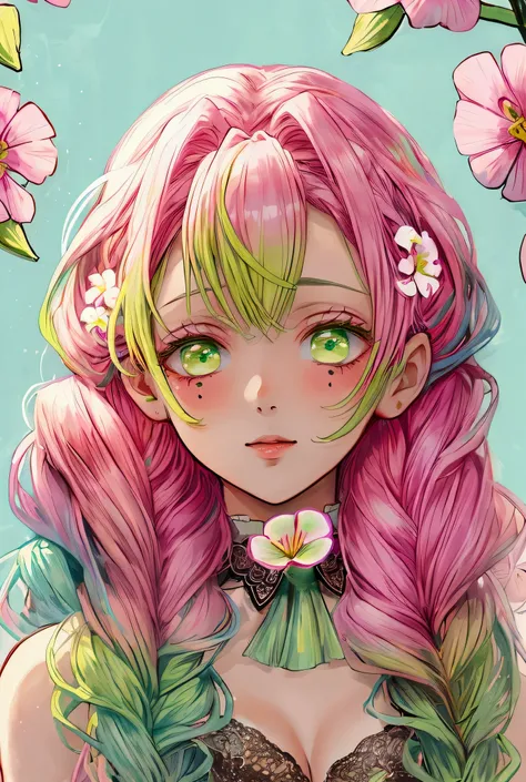 Convert your flower art into illustration.、Create backgrounds with vibrant colors and unique touches　The type of flower is statice、Gypsophila、sweet pea、Mix in some lace flowers, portrait, face portrait, big breasts, cleavage, pink hair, green eyes, (green ...