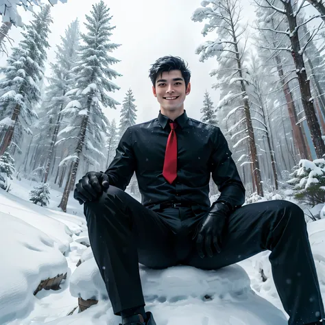 Age 27,One Man,Tall handsome man、Black Shirt、Red tie、Black gloves、Forest、Sitting with legs apart on the snow、 ,Black Hair、Very short hair、Asian Face　　Seen from below　Cool　smile