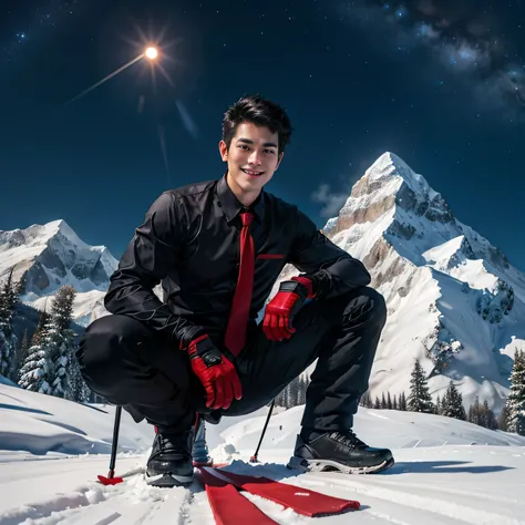 Age 27,One Man,Tall handsome man、Black Shirt、Red tie、Black gloves、Forest、Snowy mountain at night　Ski、squat ,Black Hair、Very short hair、、Asian Face　　Seen from below　Cool　smile