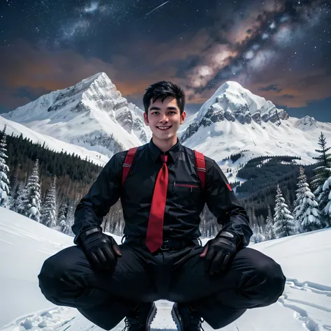 Age 27,One Man,Tall handsome man、Black Shirt、Red tie、Black gloves、Forest、Snowy mountain at night　Ski、squat ,Black Hair、Very short hair、、Asian Face　　Seen from below　Cool　smile