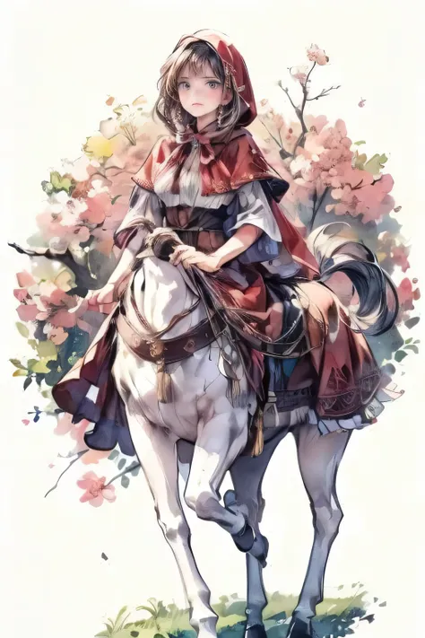 a centaur girl with red cloak is on a side street, 1girl, taur, solo, outdoors, centaur, hood, blush