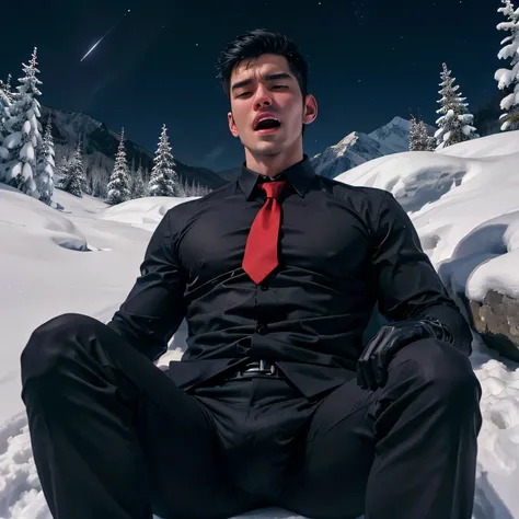 Age 27,One Man,Tall handsome man、Black Shirt、Red tie、Black gloves、Forest、Snowy mountain at night　Lie on your back with your legs apart in the fresh snow、,Black Hair、Very short hair、、Asian Face　　Seen from below　Scream　Upper body close-up