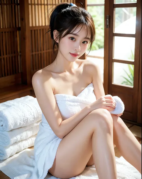 16K, 8K, masterpiece, Top quality, ultra-detailed, soaking in open-air hot spring:1.3, an extremely delicate and beautiful,(wrap a plain white color towel over naked body:1.1), (wrapped soft thick white towel with fluffy trim:1.4), (sleeveless, strapless:1...