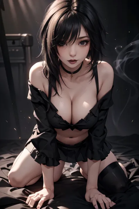 Girl, woman, emo_hairstyle, black lipstick, Smoky eyes, eyeliner, eyeshadows, Realistic lighting, shorth hair,  short skirt. Seductive look, Large breast, Off-shoulder top with exposed belly, sleeveless. all fours.