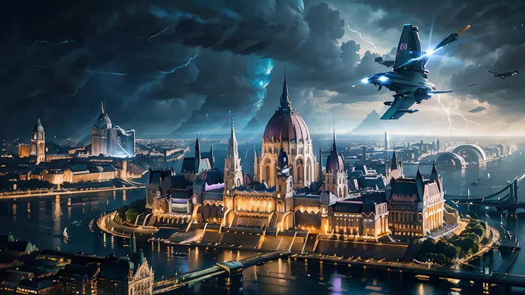 Future Budapest city (with signature buildings like the parliament) seen from an airplane:1.5,thunder:1.4,port,flying spaceship,skyscraper,master piece,highest quality,ultra high resolution,(Super detailed:1.2),8K,photorealistic,best aesthetic,beautiful
