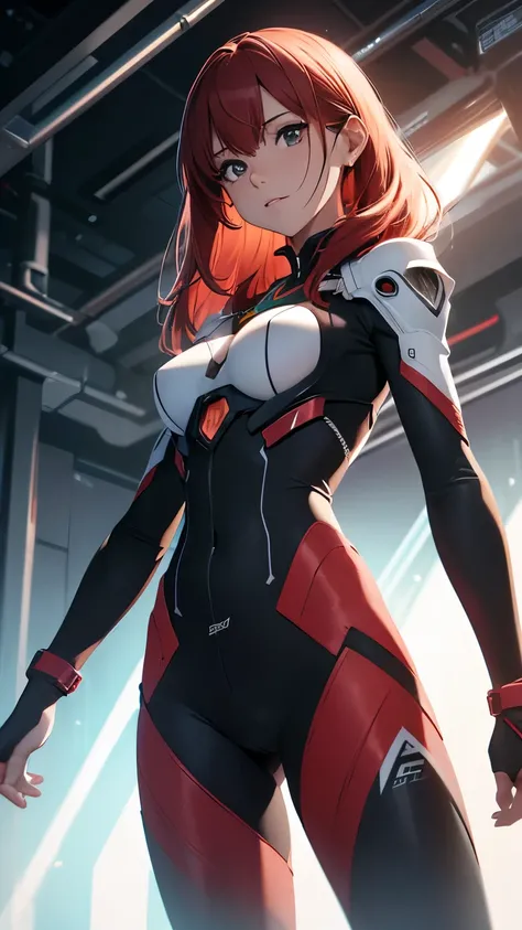 ((best quality)), ((master part)), (circunstanciado: 1.4), (Absurdo), corpo inteiro, Mulher adulta de 20 anos com micro fio dental estilo Simon Bisley, roupas vermelhas estilo evangelion Genesis com detalhes vermelhos, 2 piece outfit, red hair, Centrado, s...