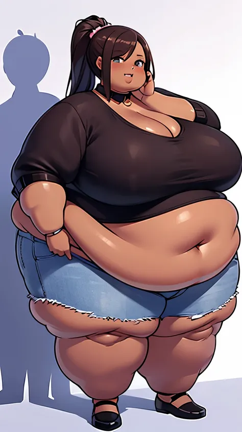 Extremely obese African-American woman, (dark brown skin), loose shirt collar, massive breasts 1:4, belly hanging, ((extremely obese)), belly sagging, wearing a pink crop top with long sleeves and loose jeans, fat blob, fat arms, fat face, fat limbs