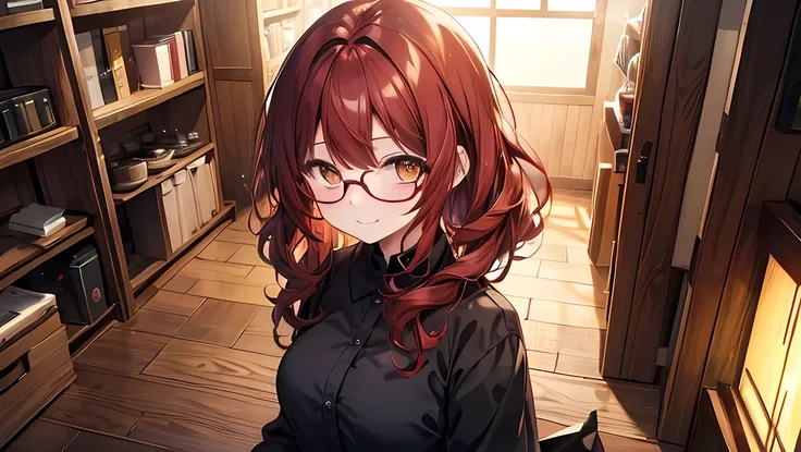 One Woman、Dark red hair、Curly Hair、Yellow Eyes、Droopy eyes、Round Glasses、Black Cutter Shirt、smile、Embarrassed、Wooden workshop、Bright lighting、anime、from above, uhd