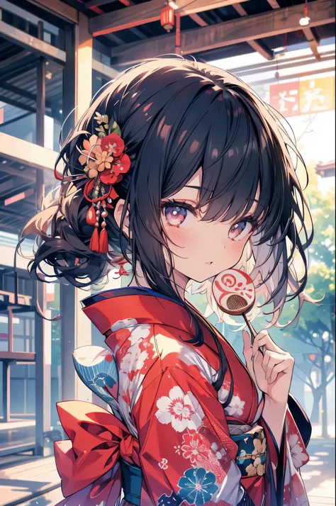 One Girl, Japanese, kimono, Hold a fan, good, Beautiful poop, delicate, cute, Black-haired, Narrow eyes, ((Head to waist)), masterpiece, highest quality, Ultra HD