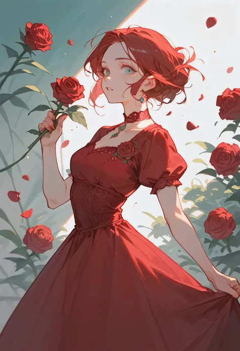 1 girl, solo,berasts,rose,red dress