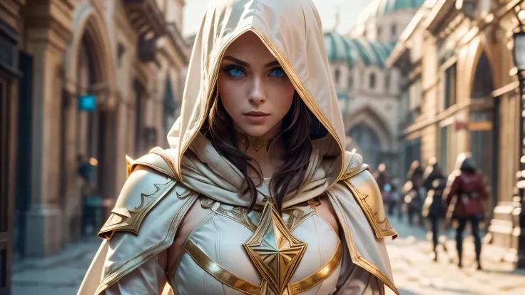 A full-body shot of Princess Zelda, brown hair, blue eyes, dressed as an Assassin from Assassins Creed, in white+gold witha white mask and hood with gold details, XL bust, using a wrist blade. Background: A city during the renaissance period. Unreal Engine...