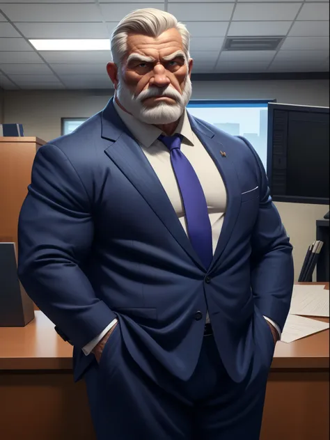 a muscular old man with a beard, no mustache, wearing a suit, necktie, standing in office, (best quality,4k,8k,highres,masterpiece:1.2),ultra-detailed,,detailed wrinkles,detailed facial features,detailed texture, half body, halfbody