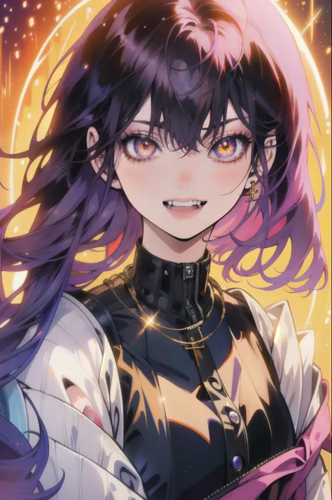 a highly detailed, high resolution, cinematic digital art anime style portrait of a young girl with short purple hair, large breasts, yellow eyes, bright pupils, light smile, anime-inspired makeup, against a Ghibli-esque colorful background, masterpiece, b...