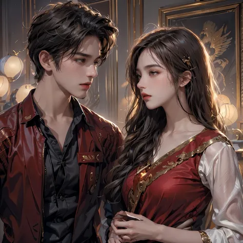 ((Masterpiece, Highest quality)), Detailed face, CharacterDesignSheet,full bodyesbian, Full of details, Multiple poses and expressions, Highly detailed, Depth, Many parts,beuaty girl and hansome boy,cinmatic lighting,with light glowing,Red and gold,Phoenix...