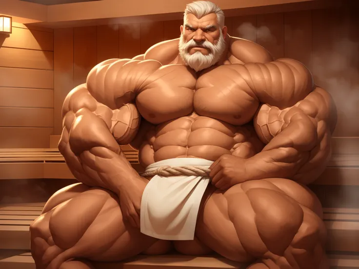 solo, 1boy, perfect anatomy, perfect proportion. huge muscular old man sitting in sauna, steam, wearing fundoshi, pectoral, thic...