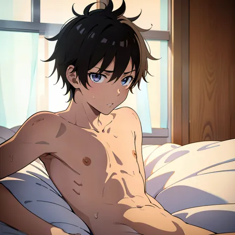 Highres, Masterpiece, Best quality at best,Best Quality,hight quality, hight detailed, Anime style, 1boy, Shota, young boy,black hair, Slim body, messy hair, look at viewer, Shirtless, Bare shoulders, bare chest, SittingBlowjobQuiron pose,  simple beckgrou...