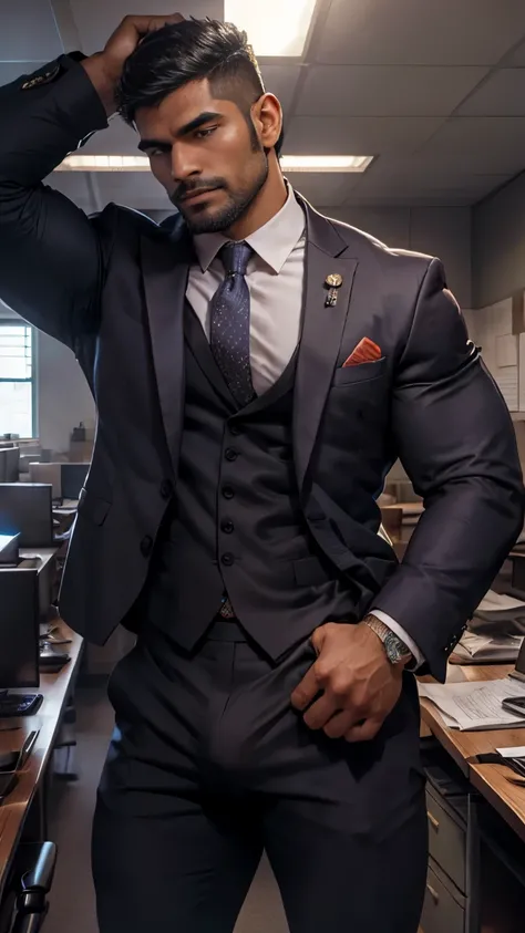 Front open Office suit and showing hairy chest close up focus indian perfect wetty big hairy monster wetty bulge in pant, masterpiece