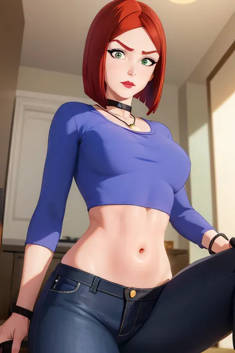 straight-on,pose,looking at viewer,solo, BREAK,
CARTOON_merry_jane_watson_SMTAS_ownwaifu, www.ownwaifu.com, 3d, 
red hair, short hair, green eyes, breasts, makeup, lipstick, red lips, bob cut, choker, jewelry, necklace, black choker, blue shirt, crop top, ...