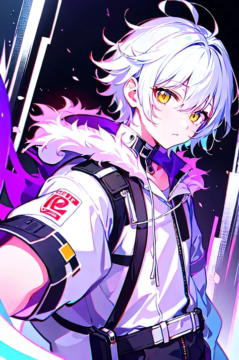 [(WHITE BACKGROUND:1.5),::5], (((masterpiece))), high quality, ultra_very_high_resolution, large_filesize, (upper body), (white base), full color, ((solo)), ((little boy)), ((mens white short hair)), yellow eyes, anime, neon light, white parka,