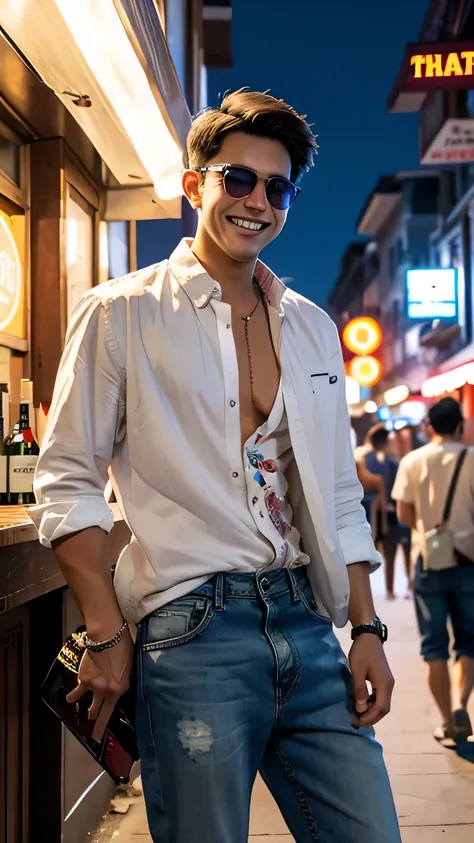 Half-shaven boy, with aviator glasses, white shirt, open button-down shirt with print, jeans, flip-flops, laughing, with a bottle of liquor, outside a bar, people on the streets, at night.