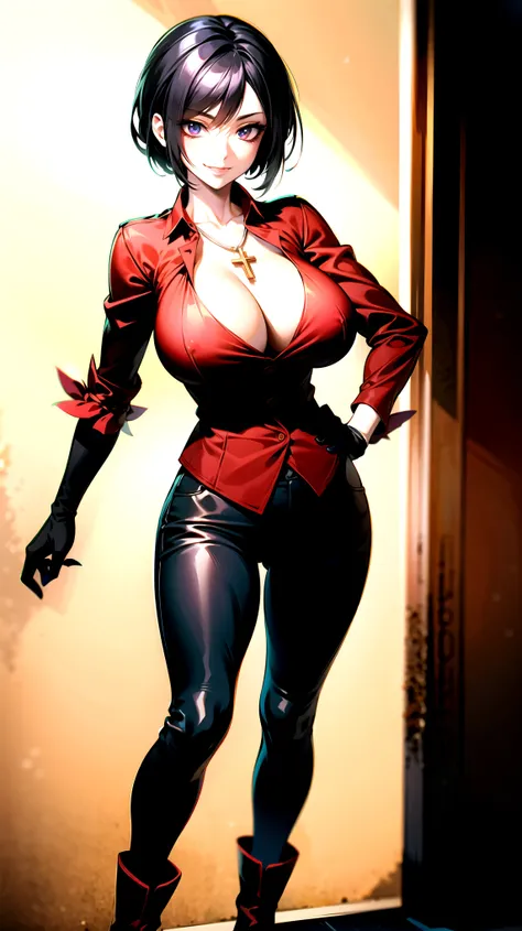 （（super high quality,））（（Ultra-high resolution,））（16K,）（super masterpiece,）（（Ultra HD ,））（Detailed shading,）A sexy mature woman,（（Red collared shirt,popped Tight collar,））Folded sleeves,Black long gloves,（Glossy black pants, Black long boots,）Black hair st...