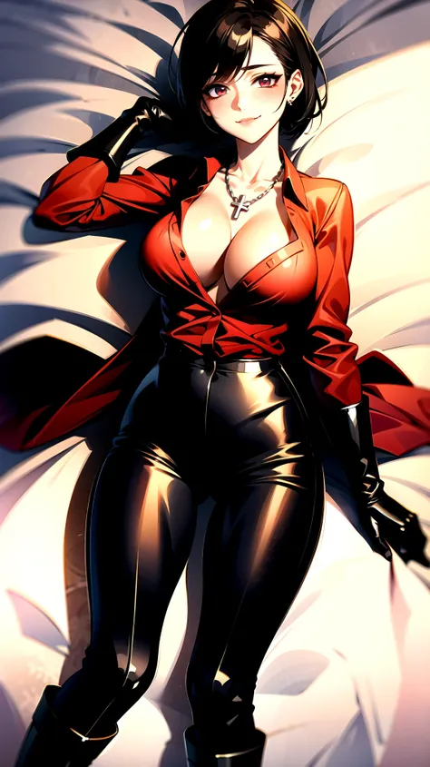 （（super high quality,））（（Ultra-high resolution,））（16K,）（super masterpiece,）（（Ultra HD ,））（Detailed shading,）A sexy mature woman,（（Red collared shirt,popped Tight collar,））Folded sleeves,Black long gloves,（Glossy black pants, Black long boots,）Black hair st...