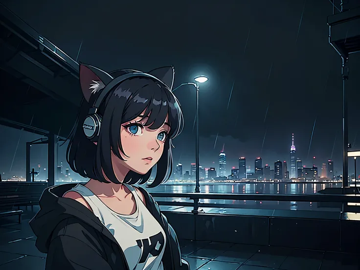 A girl with short black hair and cat ears, wearing dark clothes, in a rainy and calm city, with a relaxing atmosphere. She is a little further away, with a view of her from the waist up, listening to music, and dark colors dominate the scene. The backgroun...