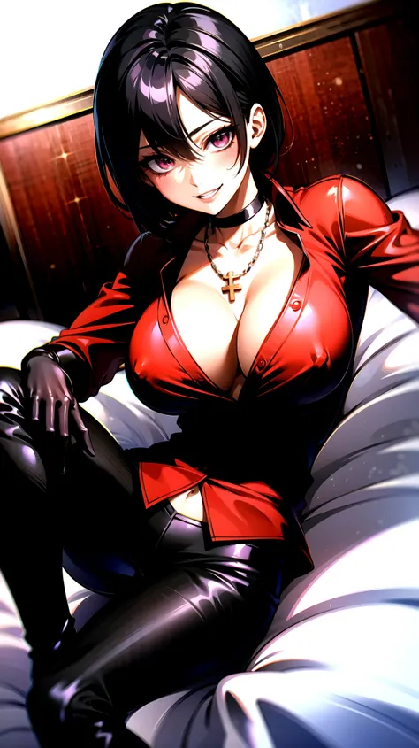 （（super high quality,））（（Ultra-high resolution,））（16K,）（super masterpiece,）（（Ultra HD ,））（Detailed shading,）One sexy mature woman,（（Red collared shirt,popped Tight collar,））Folded sleeves,Black long gloves,（Glossy black pants, Black long boots,）Black hair ...