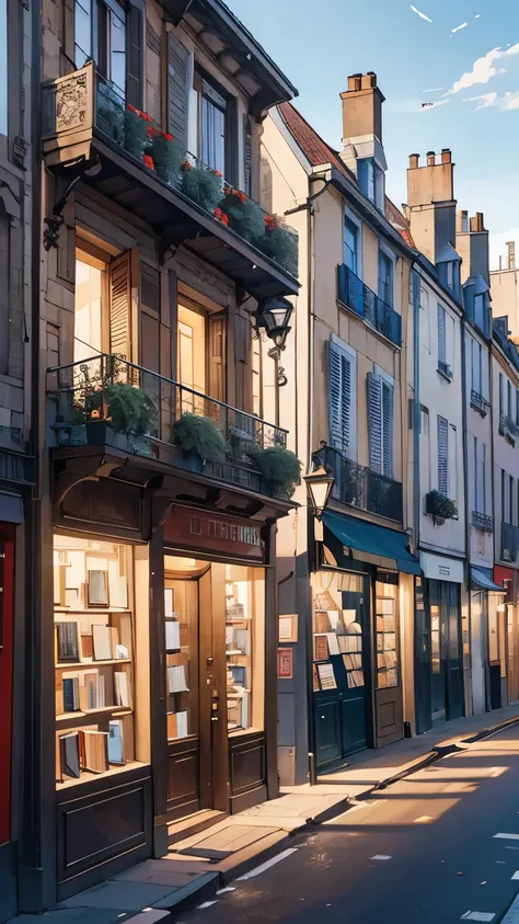 Frontal image of several houses showing the block on a tree-lined street in Paris amidst several facades, a Parisian bookstore, white-walled, the door and two large wooden windows, visible shelves, an awning over the door striped in white and red