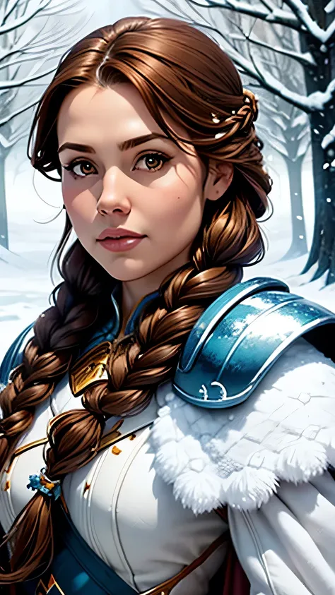 braid, 1girl, 2, dwarven woman, tree, bare tree, brown hair, long hair, branch, flower, armor, solo, snow, brown eyes, white flower, looking at viewer, twin braids, snowflakes, forest, nature, cape, outdoors, snowing, shoulder armor, upper body