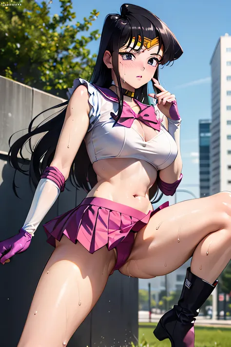 1girl,18yo,perfect hands, perfect finger,perfect anatomy, masterpiece, best quality,realistic, hyperrealistic, 16k hdr,, komi shouko, long hair, black hair, purple eyes, (see through pink sailor senshi uniform,pink ultra miniskirt:1.3),outdoor,standing,(sw...