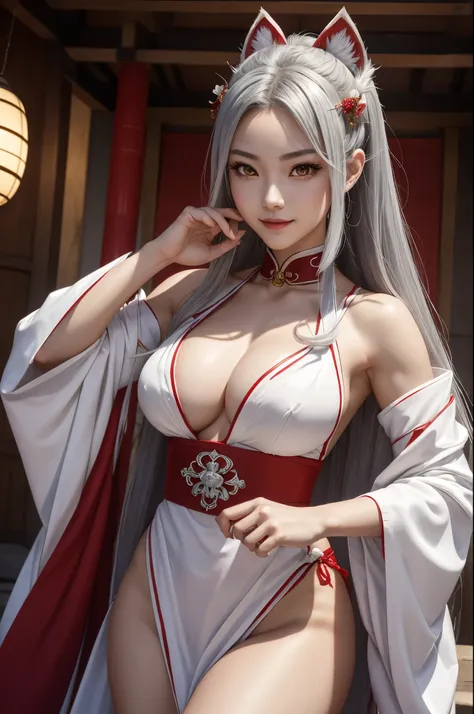 8k,超Muscular Beauty,A very aggressive adult Inugami goddess、A fearless female dog god、White dog ears,Beautiful and long gray hair、incarnation of dog god、Brave、Beautiful smile、日本のRed and white shrine maiden costume,輝くGolden Eyes、Detailed light、Dynamic actio...