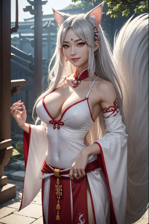 8k,超Muscular Beauty,A very aggressive adult Inugami goddess、A fearless female dog god、White dog ears,Beautiful and long gray hair、incarnation of dog god、Brave、Beautiful smile、日本のRed and white shrine maiden costume,輝くGolden Eyes、Detailed light、Dynamic actio...