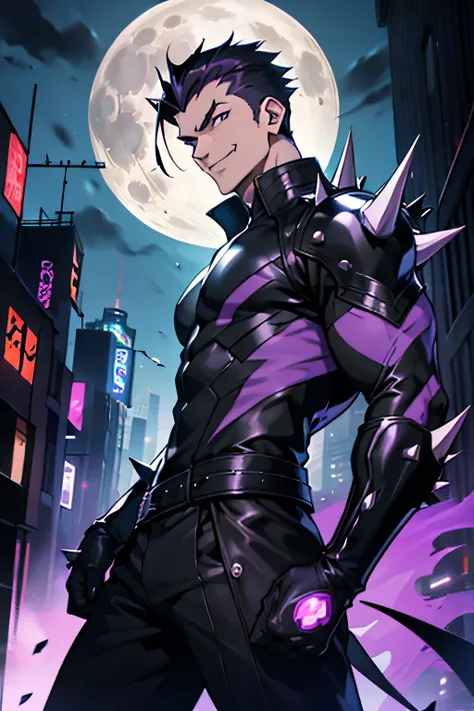 man, strong, smile, spiky black hair, anime, white skin, demon, background in a city during a full moon night, black leather suit with purple details, anime style, young, super villain, black magic, purple energy