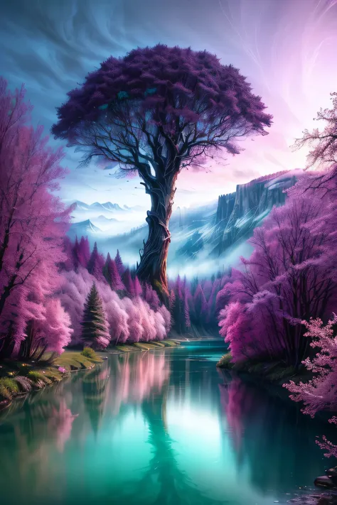 a tree that is standing in the middle of a river, magical colors and atmosphere, breath-taking beautiful trees, breath - taking beautiful trees, fantasy tree, magical colours and atmosphere, magical tree, magical landscape, surreal colors, very beautiful d...