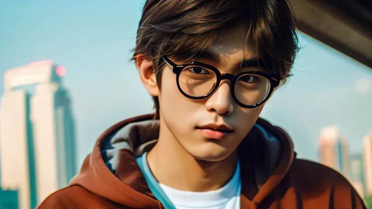 handsome korean college man age 22 name Kim Taehyung eye brown,hoodie, nerd eyewear, looking at viewer, in kuala lumpur city, portrait, hyper detailed  POV, by lee jeffries, nikon d850, film stock photograph ,4 kodak portra 400 ,camera f1.6 lens ,rich colo...