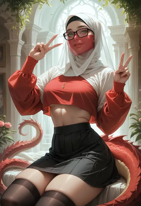 Silk hijab, face veil, bright green eyes, stockings, crop top, big , thick thighs, hours glasses, wavey hair, black knee high socks, skirt, black skirt, red dragon crop top, big , peace sign, ((peach lips)), smile, cute hair style , white skin, photorealis...