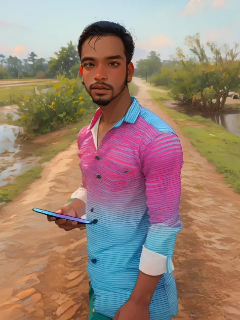 there is a man standing on a dirt road holding a cell phone, with lovely look, riyahd cassiem, inspired by Odhise Paskali, stylish pose, mohamed chahin style, very very low quality picture, assamese aesthetic, inspired by Bikash Bhattacharjee, inspired by ...