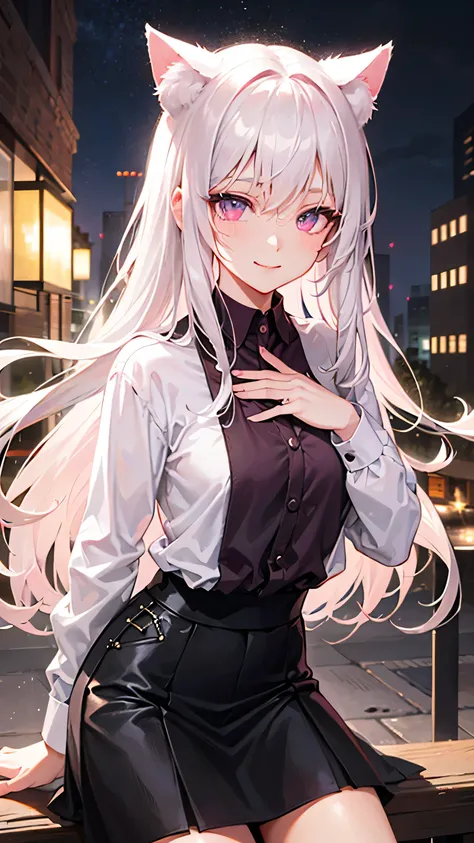 Highly detailed face,fine grain,Sparkling eyes,Highlighted eyes,Medium chest,pretty girl, bewitching smile,Longing eyes,Cat ear, Beautiful silver hair,Pink inside,Beautiful pink eyes,Oversized shirt,skirt