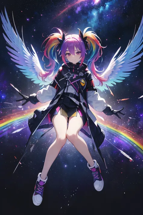 ((Archangel　Fantasy　Rainbow Hair　Make your hair rainbow-colored on the inside　Twin tails　Dull red eyes　Has a galaxy　uniform　Put on a coat without putting your arms through it　Wings many times larger than mine　rainbow gradient feathers　Lonely　Smiling Kindly...