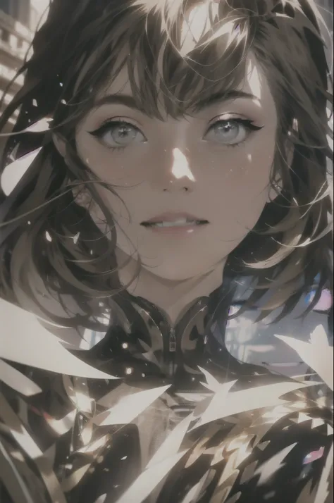 a highly detailed and cinematic 1 girl, short brown shiny hair, bright yellow eyes, light makeup, slight smile, sparkling star-shaped pupils, photorealistic, hyper detailed anime style character design, best quality,4k,8k,highres,masterpiece:1.2,ultra-deta...