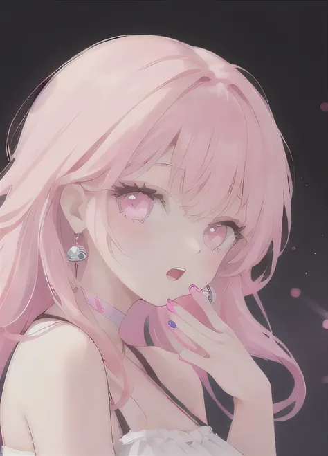 1 Girl, Solitary, Looking at the audience, Pink Hair, earrings, Jewelry, Pink Eyes, Open your mouth, Pink nails, Bangs, Upper Body, Nail polish, Bare shoulders, hy style, beautiful eyes
