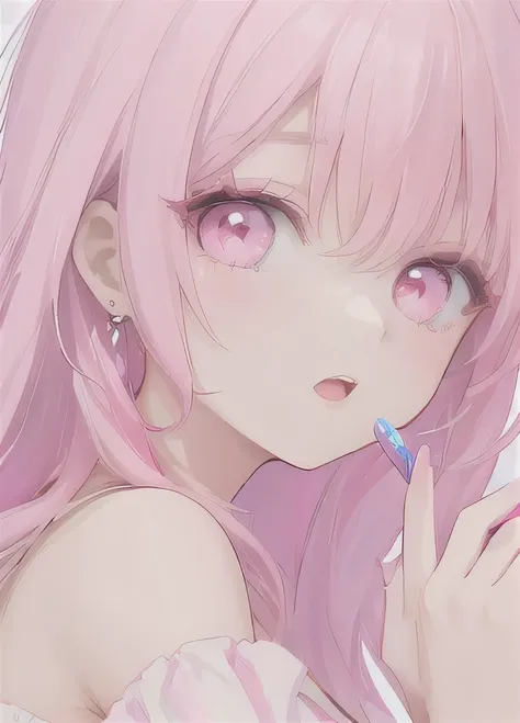 1 Girl, Solitary, Looking at the audience, Pink Hair, earrings, Jewelry, Pink Eyes, Open your mouth, Pink nails, Bangs, Upper Body, Nail polish, Bare shoulders, hy style, beautiful eyes