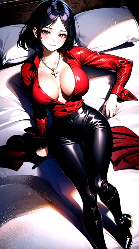 （（super high quality,））（（Ultra-high resolution,））（16K,）（super masterpiece,）（（Ultra HD ,））（Detailed shading,）Full body photo,One sexy mature woman,（（Red collared shirt,popped Tight collar,））Folded sleeves,Black long gloves,（Glossy black pants, Black long bo...