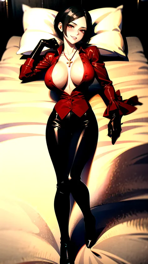 （（super high quality,））（（Ultra-high resolution,））（16K,）（super masterpiece,）（（Ultra HD ,））（Detailed shading,）Full body photo,One sexy mature woman,（（Red collared shirt,popped Tight collar,））Folded sleeves,Black long gloves,（Glossy black pants, Black long bo...