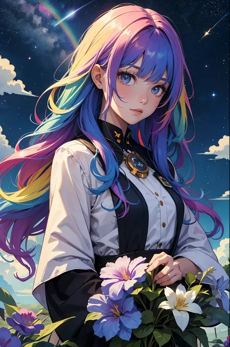 A girl with long rainbow hair, surrounded by big flowers, upper body, starry sky