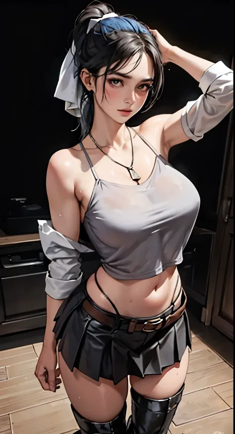 ((masterpiece, best_quality)), (photorealistic:1.4), cinematic, model pose, beuty and cute face, dynamic lighting, high contrast, shadow, solo, 1 girl, young, 1, ruin_background, blue_hair, short_hair, ponytail, zettai_ryouiki,(white long-big ribbon access...