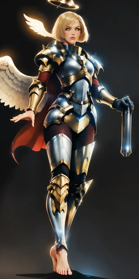 (black background) low angle, from below, paladin templar lady in white tabard, legwear, glowing yellow eyes, collar, golden chainmail, wide hips, barefoot, angel wings, pauldrons, halo, bob cut, blonde, eye focus, red cape, detailed, cinematic, fantasy