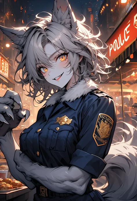 solo, female, wolf girl, close up, grey fur on forearms, furry claws, muscular, wolf ears, short hair, messy hair, grey hair, golden eyes, wolf tail, police uniform, police, large breasts, white fur collar, relaxed, smiling, after work, food stand, city, n...