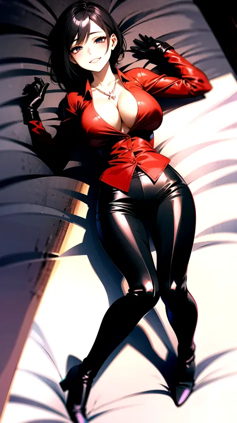 （（super high quality,））（（Ultra-high resolution,））（16K,）（super masterpiece,）（（Ultra HD ,））（Detailed shading,）Full body photo,One sexy mature woman,（（Red collared shirt,popped Tight collar,））Folded sleeves,Black long gloves,（Glossy black pants, Black long bo...